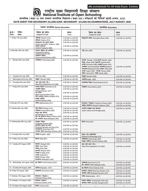 Nios Date Sheet Released For Theory And Practicals Check Details Here