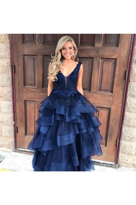 Long Navy Blue Lace V Neck Prom Formal Evening Party Dresses 3021322