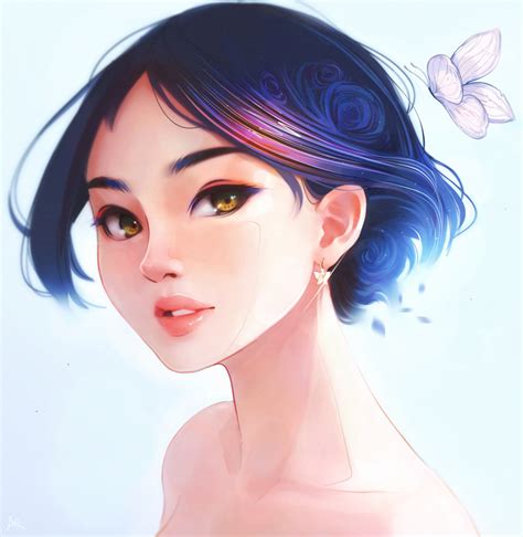 safebooru 1girl absurdres blue hair borrowed character brown eyes bug butterfly earrings