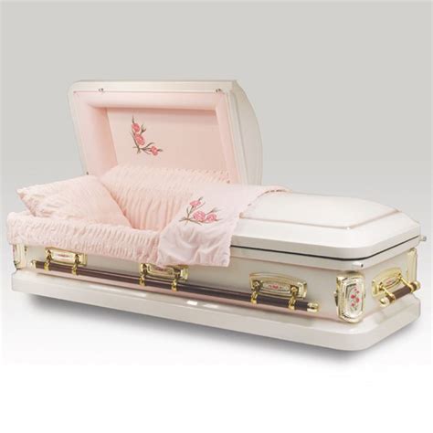 The Antique Rose Casket Is Made From Metal With A Gold Finish The Inside Is A Pink Crepe With