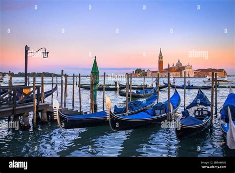 Gondolas At Dusk With Island Of San Giorgio Maggiore Venice Italy