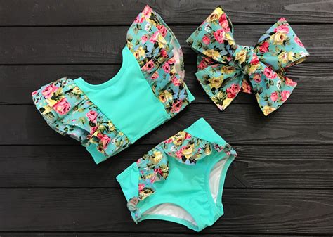 Two Piece Girls Child Swimsuit Set Floral With Matching