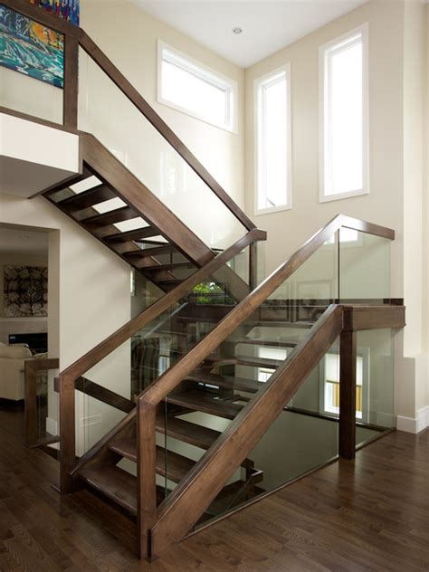 Straight Maple Stair With Glass Panel Railing Contemporain Escalier