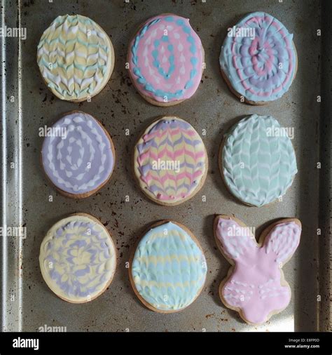 Iced Easter Biscuits On Tray Stock Photo Alamy