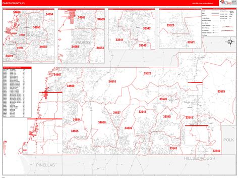 Pasco County Fl Zip Code Wall Map Red Line Style By Marketmaps