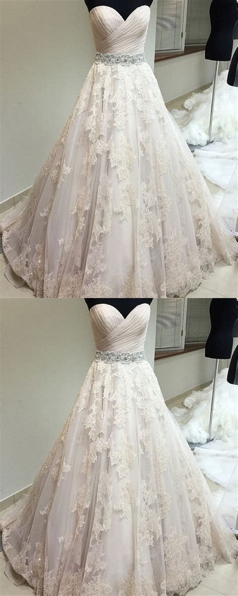 Ruched Sweetheart Crystal Beaded Sashes Tulle Wedding Dresses Lace Emb