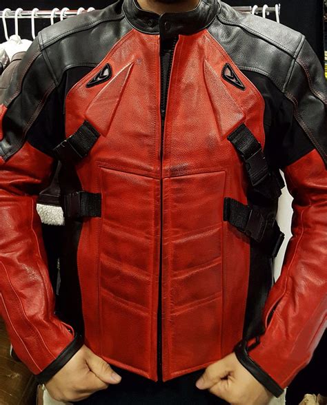 Buy Mens Deadpool Leather Motorcycle Jacket Red And Black Inserts