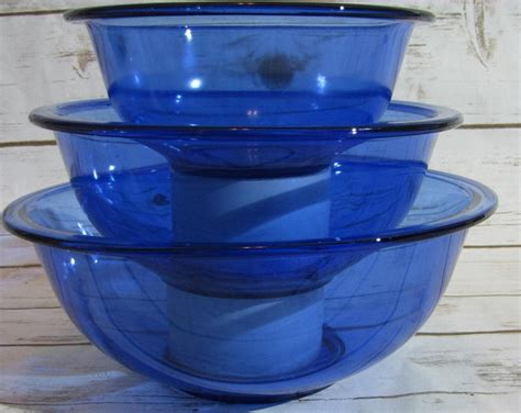 Pyrex Cobalt Blue Mixing Bowl Set Three Piece Set Vintage