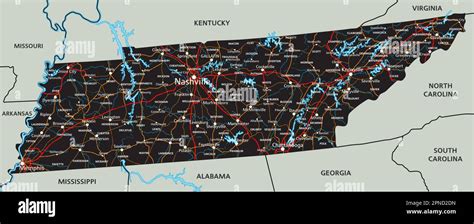 High Detailed Tennessee Road Map With Labeling Stock Vector Image And Art