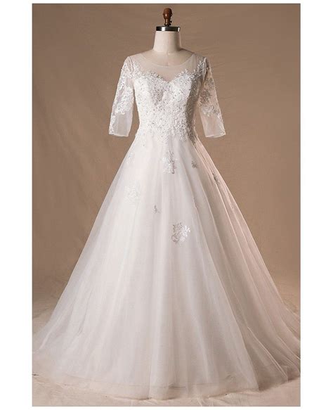 Plus Size Sheer Round Neck Lace Wedding Dress With Half Sleeves Mn062