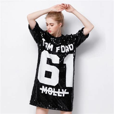 Sequin Jersey Shirt Dress Streetwear Oversized Loose Causal Graphic Shift Dress Clubwear Mini