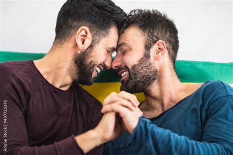 Happy Gay Couple Having Romantic Moments In Bed Homosexual Love Relationship And Gender