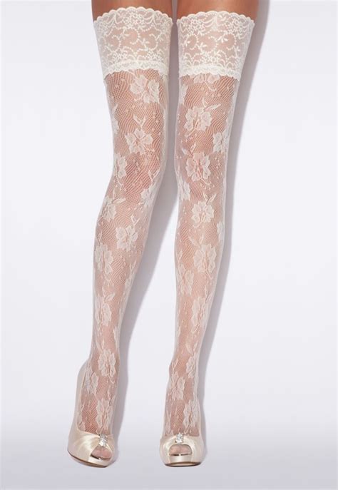 White Floral Lace Hold Ups Lace Stockings Thigh High Stockings