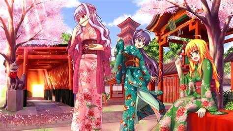 Wallpaper Cherry Blossom Kimono Anime Young Woman Three 3