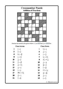 I across multiplied with the digit sum of h across n: Addition of Fractions (Cross-number Puzzle) by Mistercorzi ...