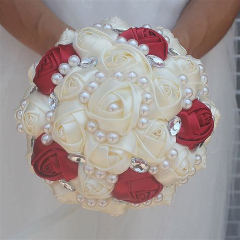 New Ivory Wine Red Color Flowers Bride Holding Bouquet Diamond Pearl