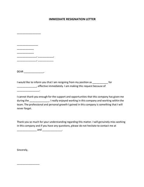 Immediate Resignation Letter Template Free