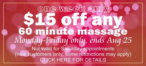 15 off any 60 massage five days only relax heal new specials 214 478 2808 the