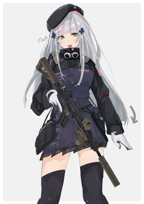 Safebooru 1girl Assault Rifle Bangs Beret Black Legwear Girls Frontline Gloves Green Eyes Grey