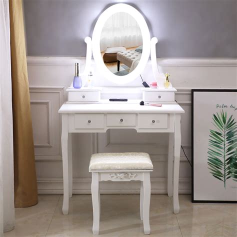single mirror  drawer dressing table stool set  light bulb