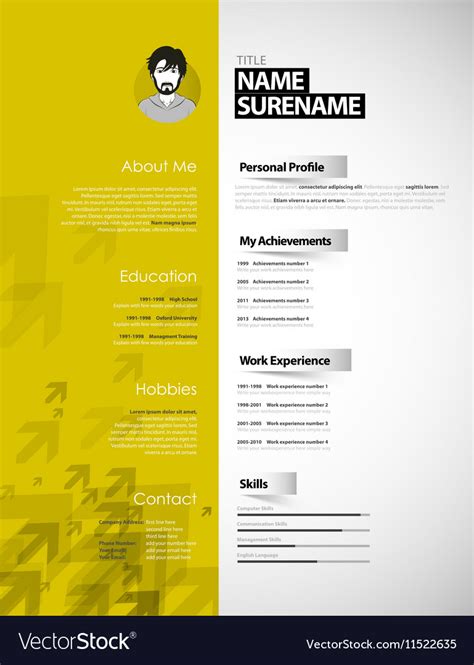 Every cv template contains your optimal cv format, maximizing your chances of success. Creative curriculum vitae template with yellow Vector Image