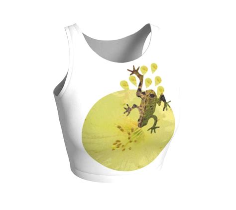 this fun cropped top features a frog leaping into a golden pond use them for your next workout