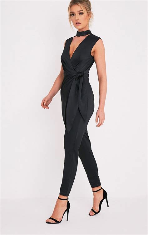 Carla Black Tie Side Choker Detail Satin Jumpsuit Image 1 Satin Jumpsuit Wrap Jumpsuit