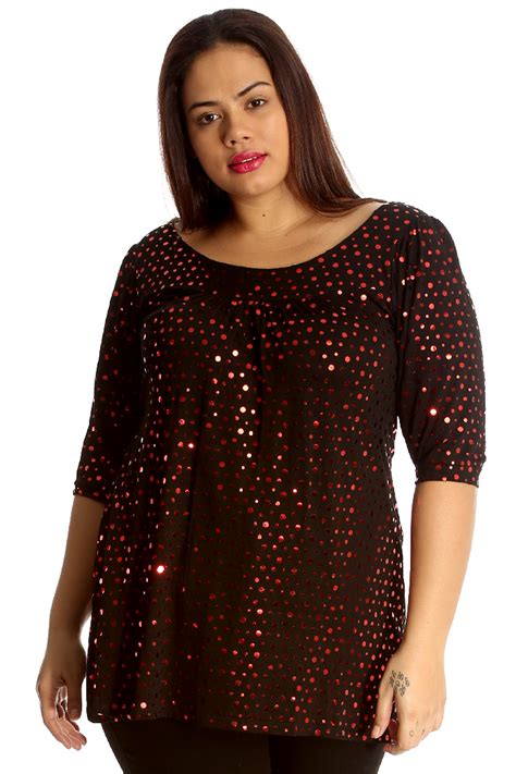 Womens Top Plus Size Ladies Polka Sequin Dot Foil Glitter Party Shirt