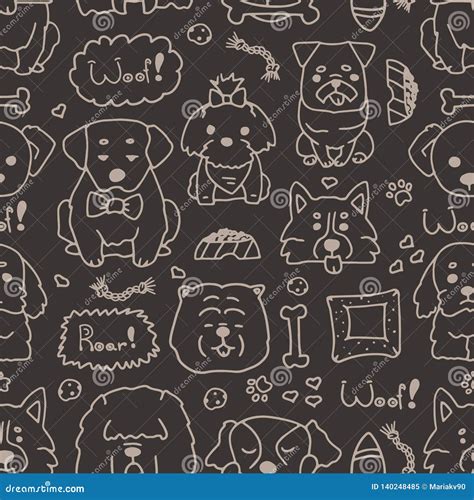Vector Seamless Pattern With Hand Drawn Dogs Trendy Doodle Vector