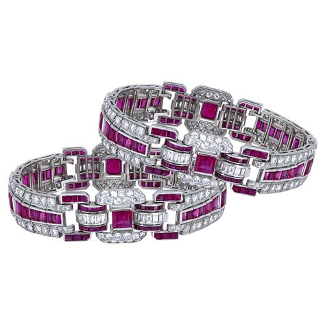 Art Deco Platinum Diamond And Burma Ruby Bracelets By Cartier At 1stdibs