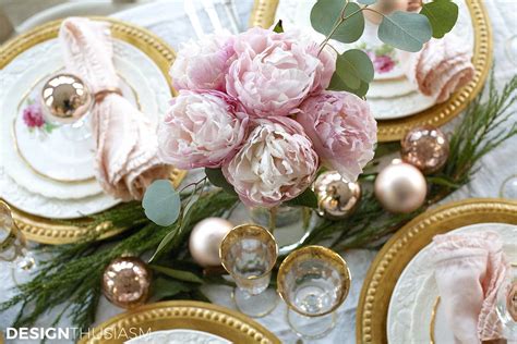 I did three different table settings using my favorite dishes and fabrics. Elegant Holiday Table Setting with Gold and Pink Christmas ...