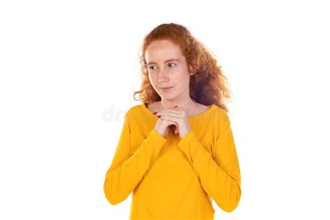 Portrait Of Pensive Redhead Girl Wearing A Yellow T Shirt Stock Image Image Of Beautiful