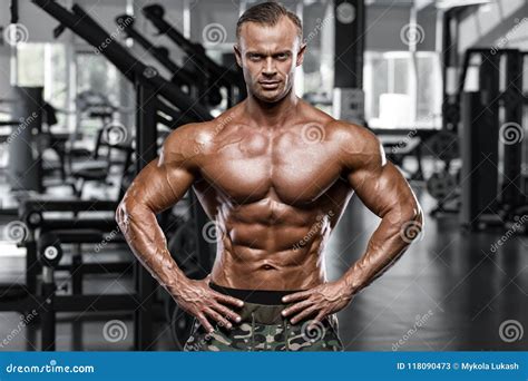 Muscular Man In Gym Shaped Abdominal Strong Male Naked Torso Abs