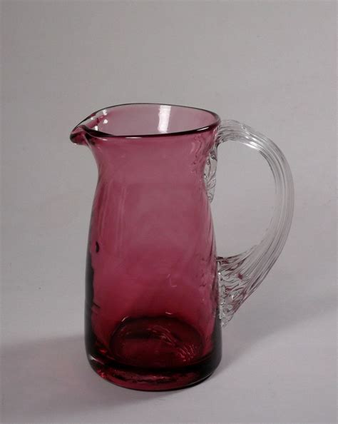 Hand Blown Cranberry Glass Vertical Swirl Pitcher With Clear Applied Handle Cranberry Glass