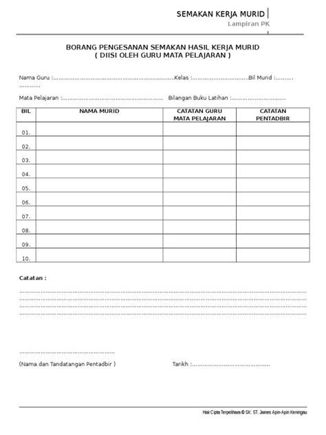 0 ratings0% found this document useful (0 votes). Borang Pengesanan Semakan Hasil Kerja Murid
