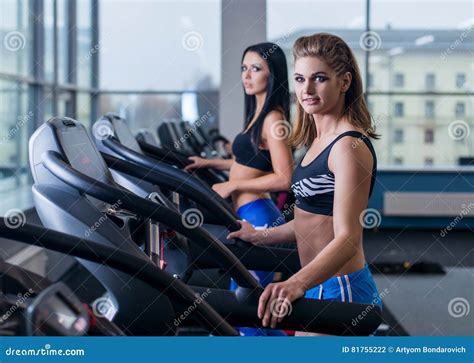 Fit Women Running On Treadmills In Modern Gym Healthy Young Young