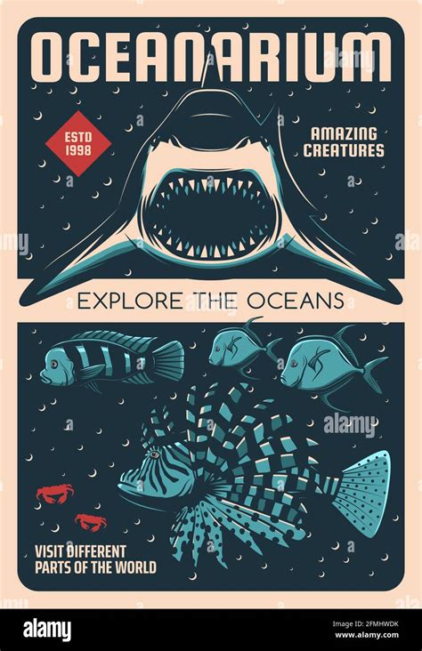Oceanarium Shark And Exotic Fishes Retro Vector Poster Ocean And