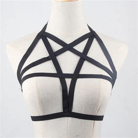 2017 New Pastel Goth Women Pentagram Bust Strap Bra Sexy Lingerie Garterbelt Black Elastic