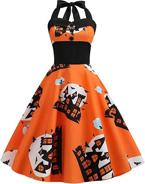 Wirziis Womens Dresses Halloween Halter Pumpkin Gothic Cosplay Dress