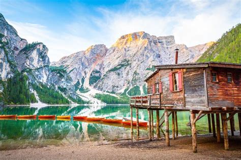 Beautiful Sunrise Panorama At Lago Di Braies Lake In Italy Dolomites