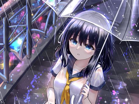 Download Wallpaper 1600x1200 Girl Schoolgirl Umbrella Rain Anime Standard 4 3 Hd Background