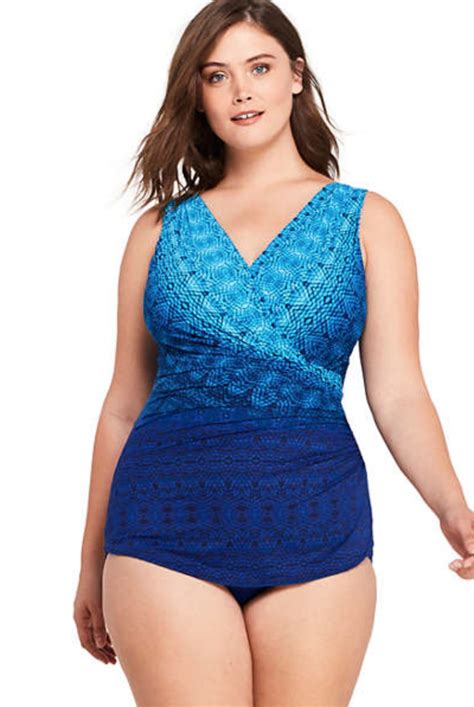 Womens Plus Size Slender Surplice Tunic One Piece Swimsuit With Tummy