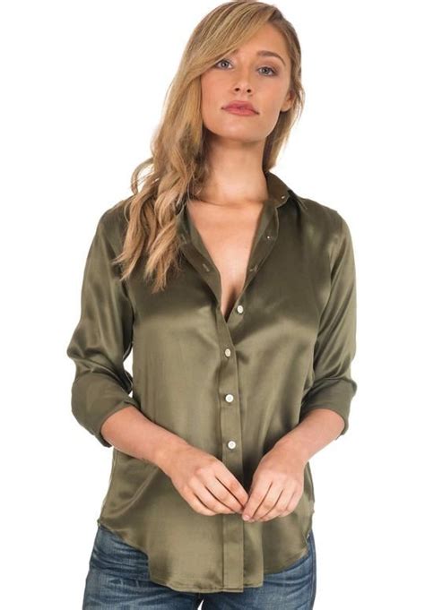 Satin Olive Green Pure Charmeuse Silk Shirt Womens Long Sleeve Shirts Womens Shirts Silk Shirt