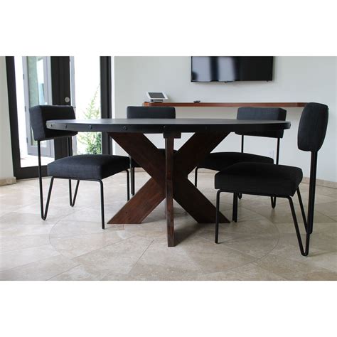 Modern Round Metal Top X Base Dining Table Mortise And Tenon