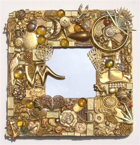 Found Object Collage Art Mirror Gold Vintage Embellishments 4800