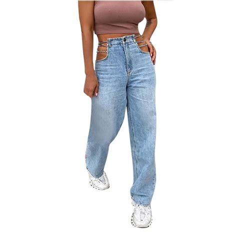 Tecb Moda Sexy Jeans Para Mujer Pierna Recta Cadena De Cintura Alta Pantalones Vaqueros Con