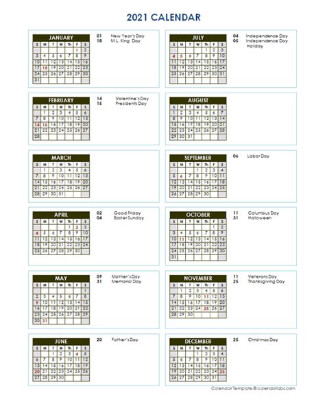 2021 Full Year Calendar Vertical Template Free Printable Templates
