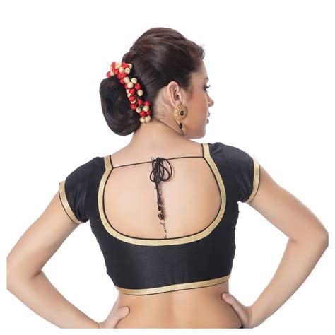 Dupion Silk Black Princess Cut Padded Short Sleeves Golden Lace Border Readymade Saree Blouse