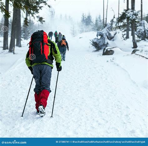 People Hiking On Snow Trail In Winter Stock Image Image Of Adventure