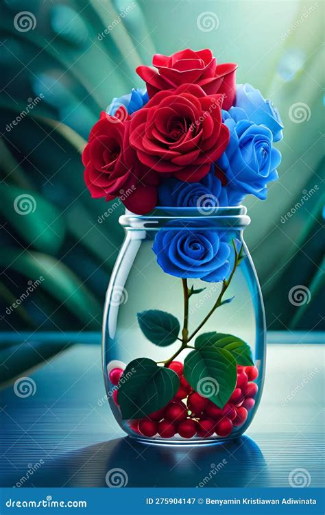 Blue And Red Roses Flowers In The Bottle Stock Illustration